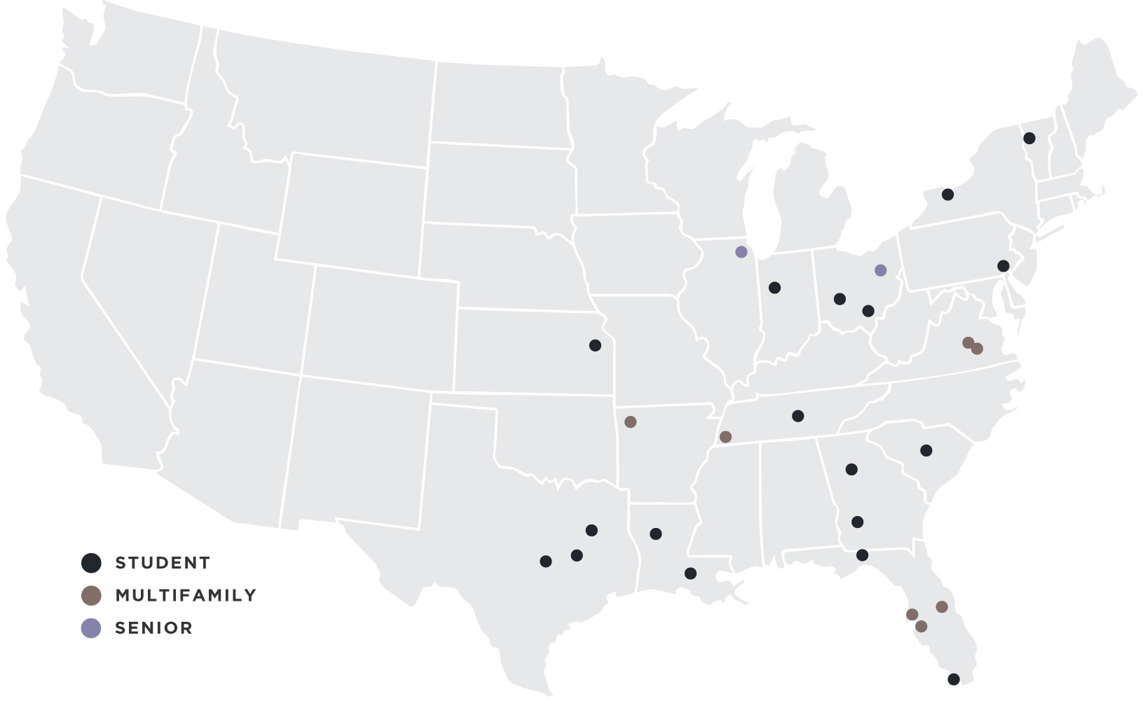 Map of united states pinning student housing, multifamily, and senior living locations in various states.